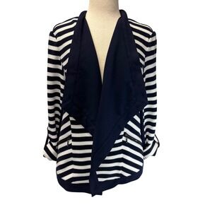 WHBM Womens XL Navy Blue White Stripe Open Front Cardigan Jacket Roll Tab Sleeve
